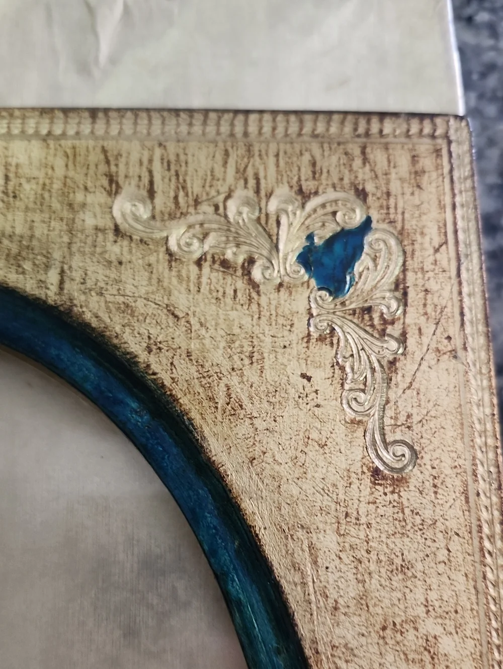 Vtg Ornate Wooden Gold and Teal Oval Picture Frame